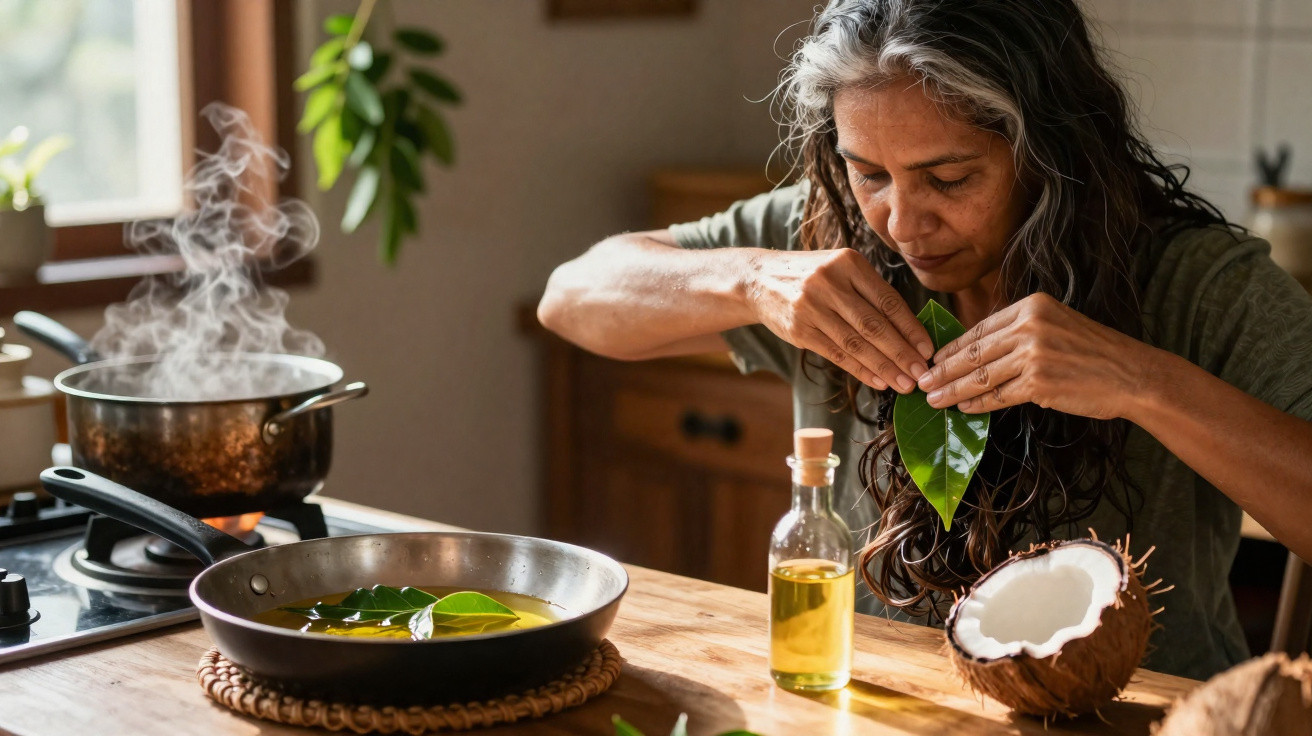 Mulher cozinha com folhas verdes e óleo, panela com vapor em fogão, mesa de madeira e coco partido.