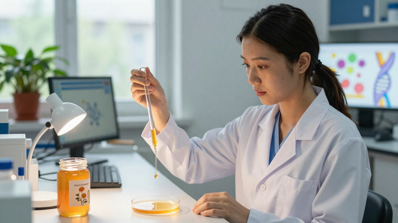 Mulher cientista usando jaleco, manipulando pipeta e placa de Petri em laboratório moderno.