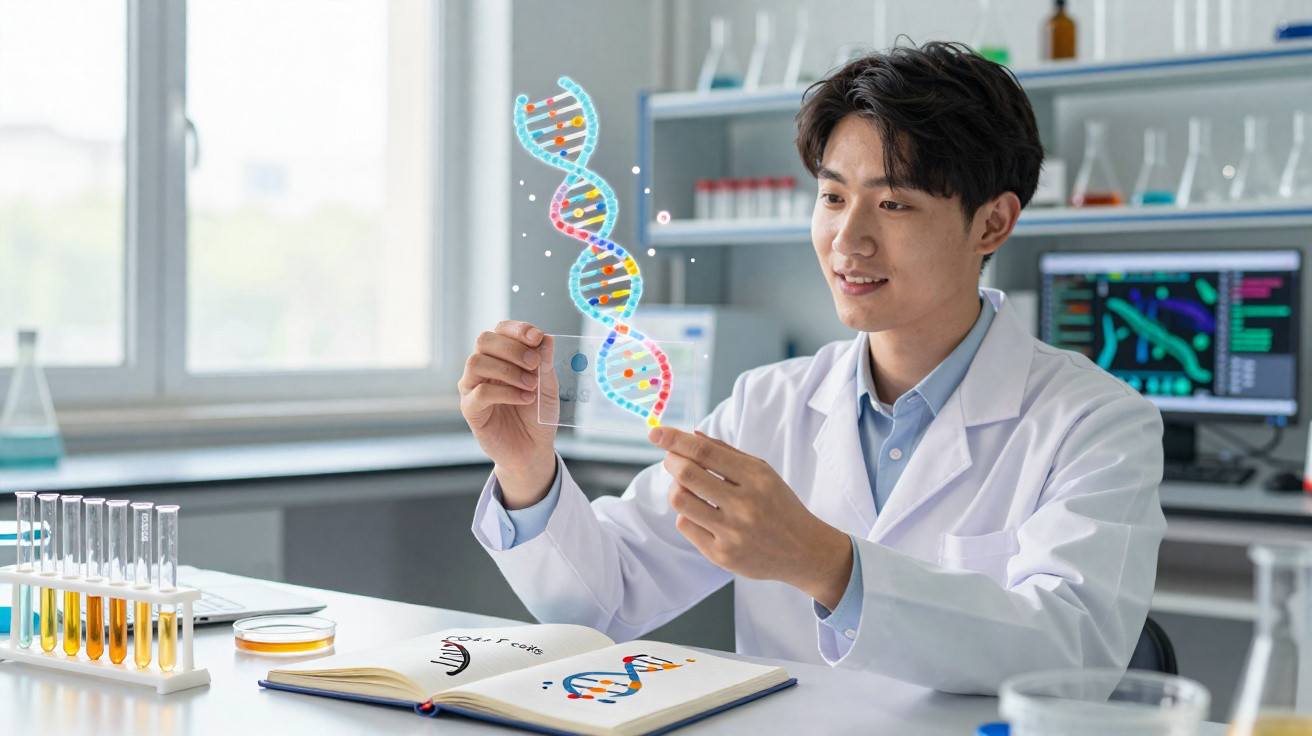 Cientista segurando slide com hélice de DNA holográfica em laboratório moderno.