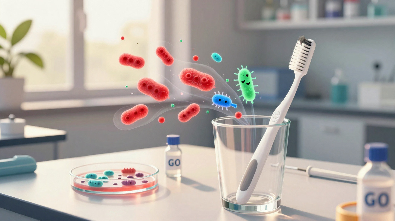 Escova de dentes em copo com bactérias coloridas flutuando, em bancada de banheiro.