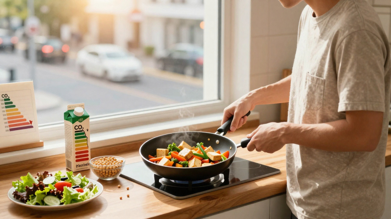 Pessoa cozinhando legumes e tofu em frigideira na cozinha perto da janela com refeição saudável na bancada.