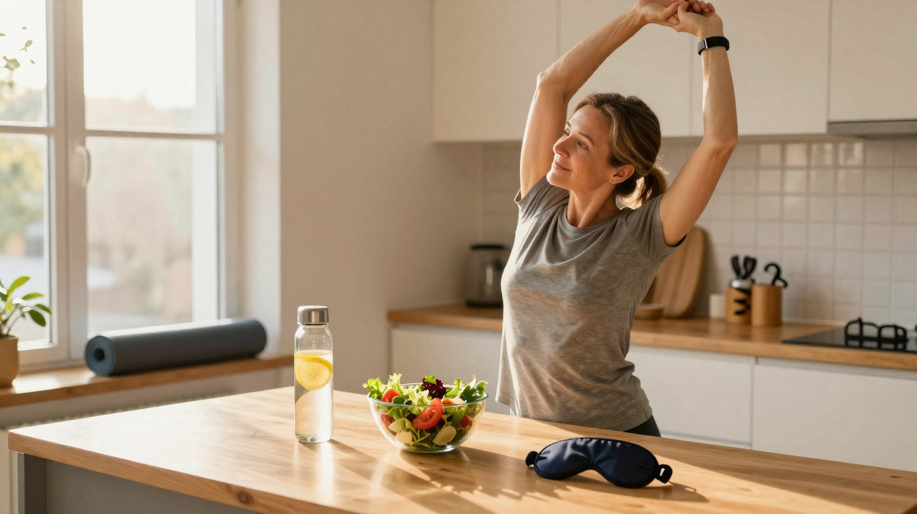 Mulher esticando os braços na cozinha perto de uma tigela de salada, garrafa de água e máscara de descanso.