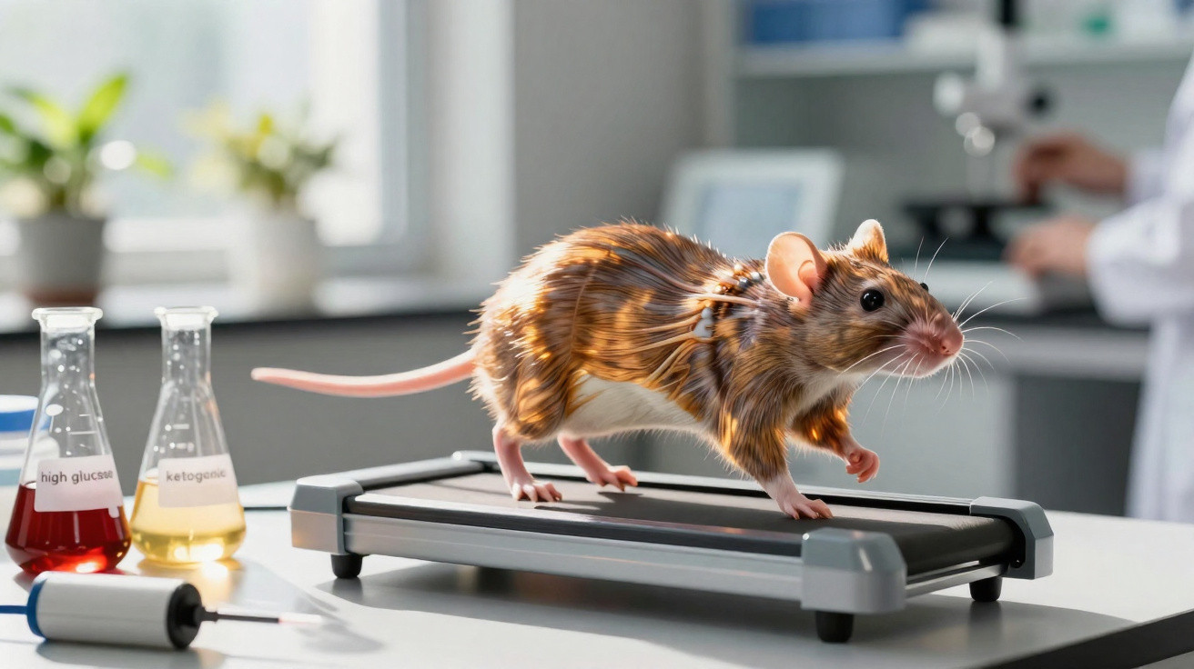 Rato marrom correndo em mini esteira em bancada de laboratório com frascos e tubo de ensaio.