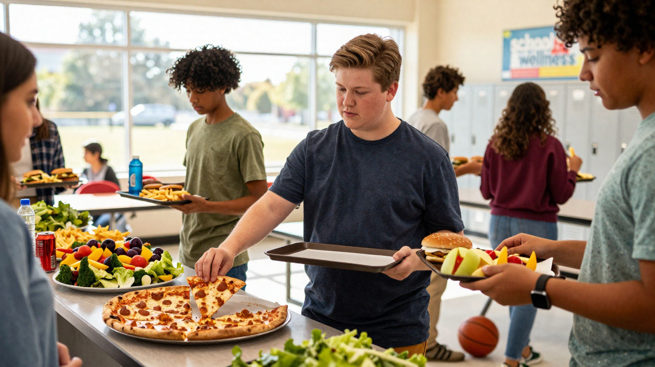 Adolescentes pegando comida em buffet de pizza, frutas e salada em refeitório escolar.