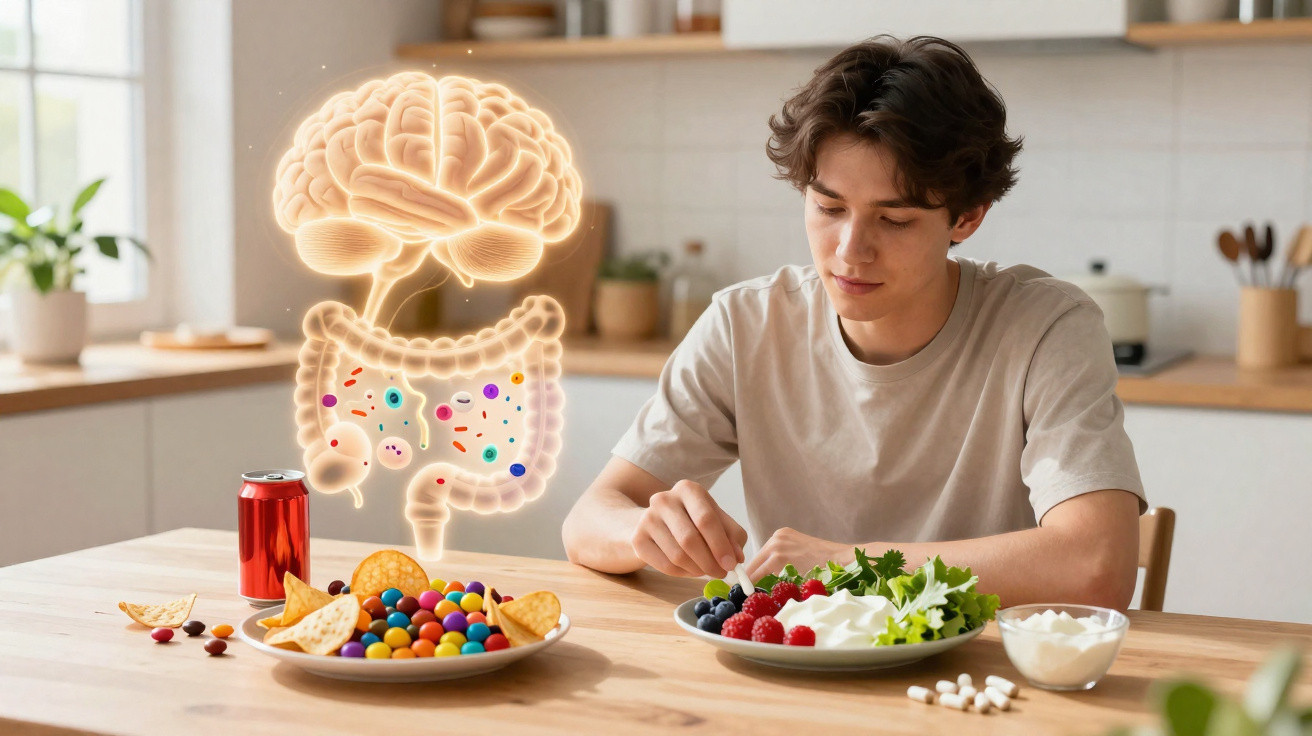 Jovem escolhe comida saudável na cozinha com ilustração holográfica do cérebro e intestinos ao lado.