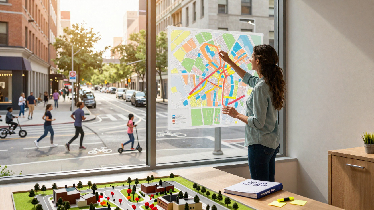 Mulher analisando mapa colorido em vidro, com maquete urbana e rua movimentada ao fundo.
