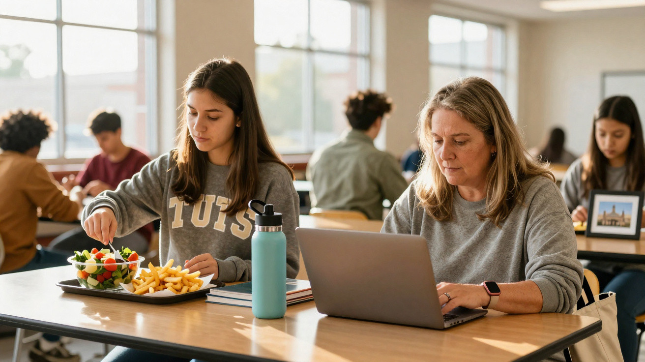 Mulher e jovem sentadas lado a lado em mesa, jovem comendo salada e batata, mulher trabalhando no laptop.