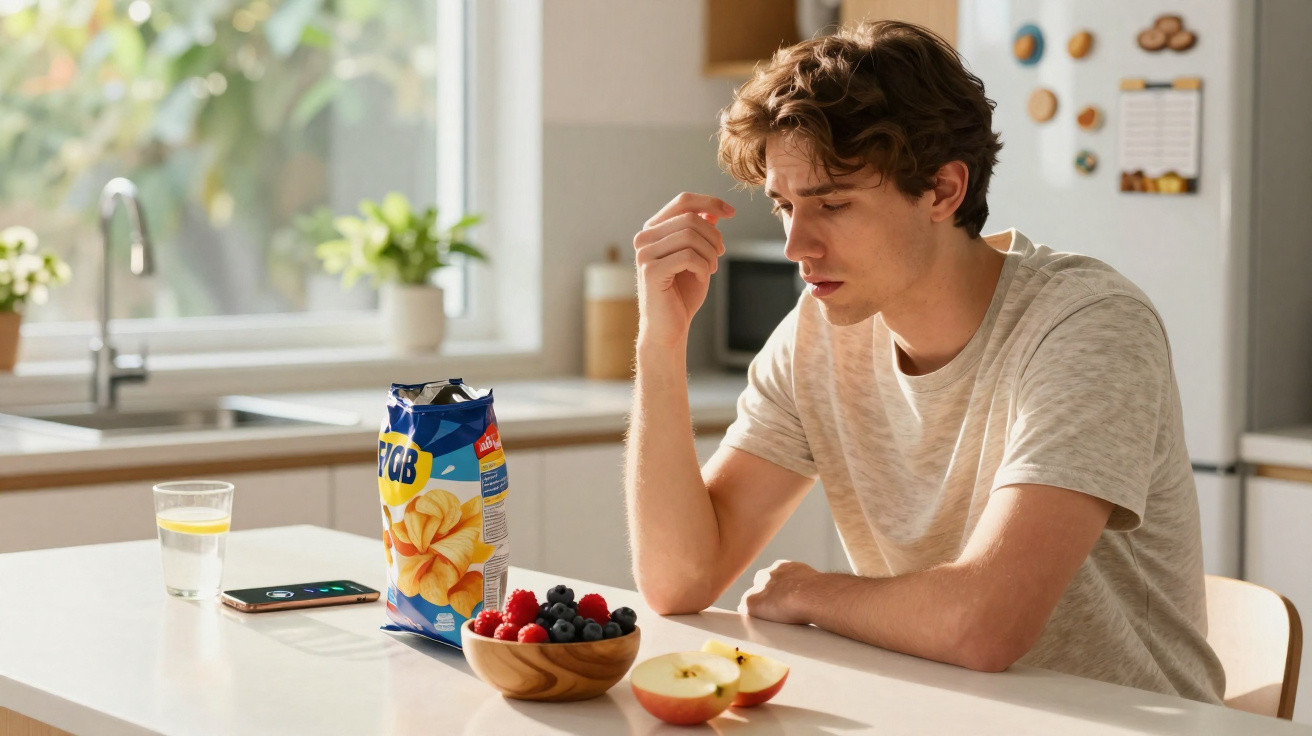 Homem pensando sentado à mesa com frutas, pacote de salgadinho, copo de água e celular.