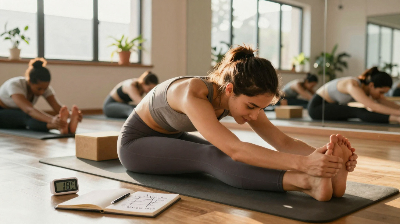 Mulheres praticando alongamento sentadas no chão de estúdio de yoga com cadernos e relógio digital.