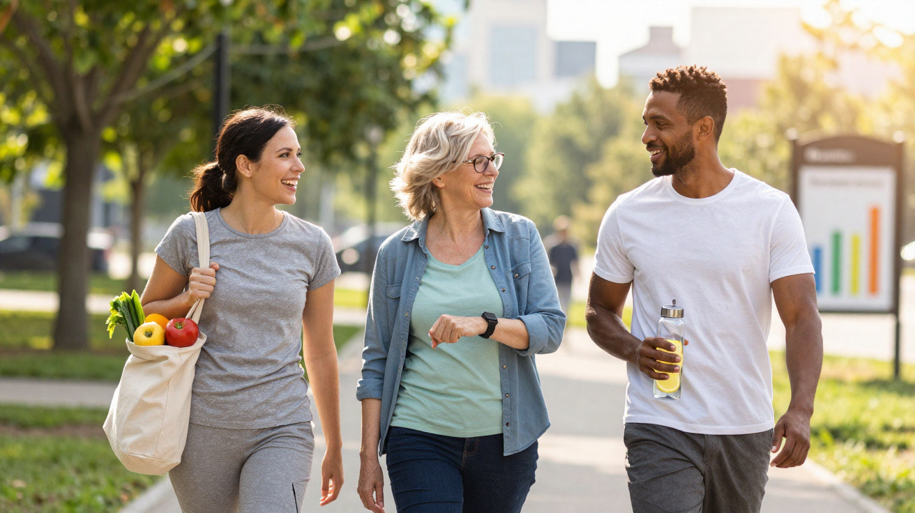 Três pessoas caminhando ao ar livre em parque, sorrindo e conversando em dia ensolarado.