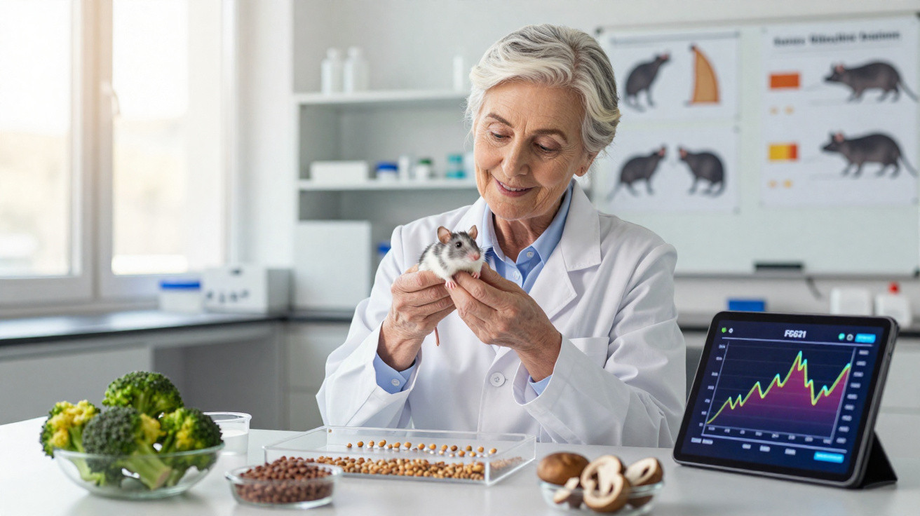 Cientista segurando rato em laboratório com alimentos saudáveis e gráfico em tablet à frente.