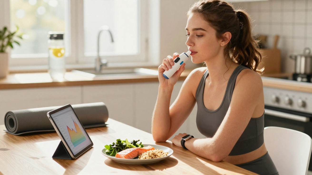 Mulher usando inalador enquanto está sentada à mesa com prato de comida saudável e tablet na cozinha.