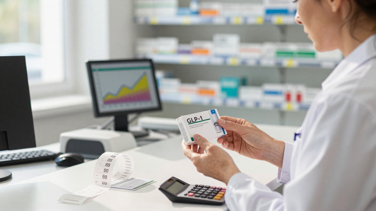 Mulher farmacêutica segurando caixa de medicamento GLP-1 em farmácia com computador e calculadora.