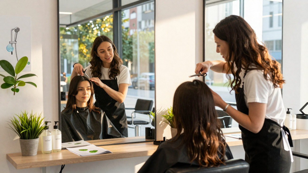 Cabeleireira cortando o cabelo de cliente sentada em salão de beleza moderno com janela grande.