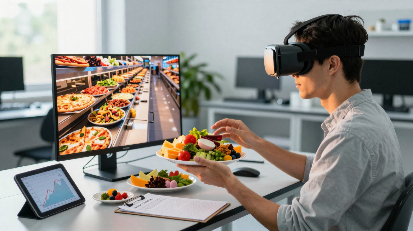 Homem usando realidade virtual escolhe comida saudável enquanto está sentado em escritório moderno.