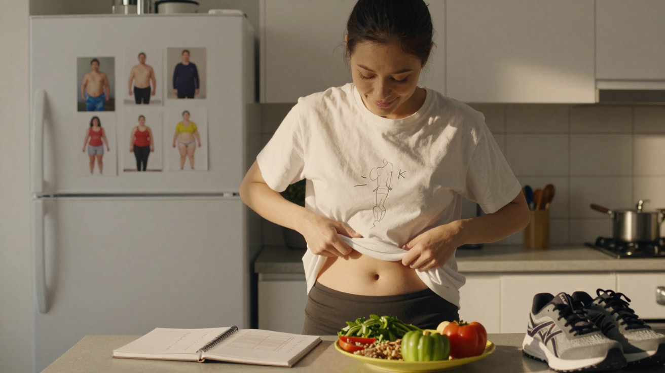 Mulher levantando a camiseta para olhar a barriga em cozinha com legumes e tênis sobre a mesa.