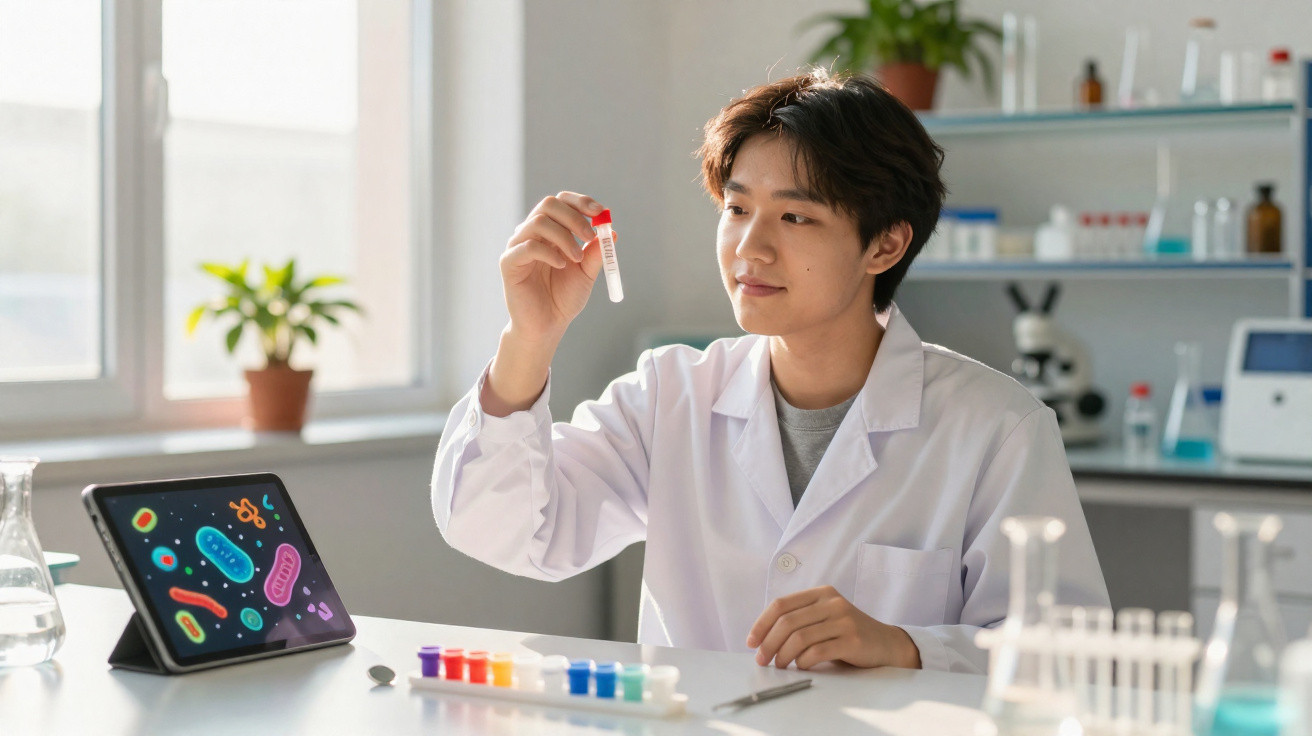 Jovem cientista em laboratório, segurando tubo de ensaio com líquido vermelho, com tablet exibindo imagens de bactérias.