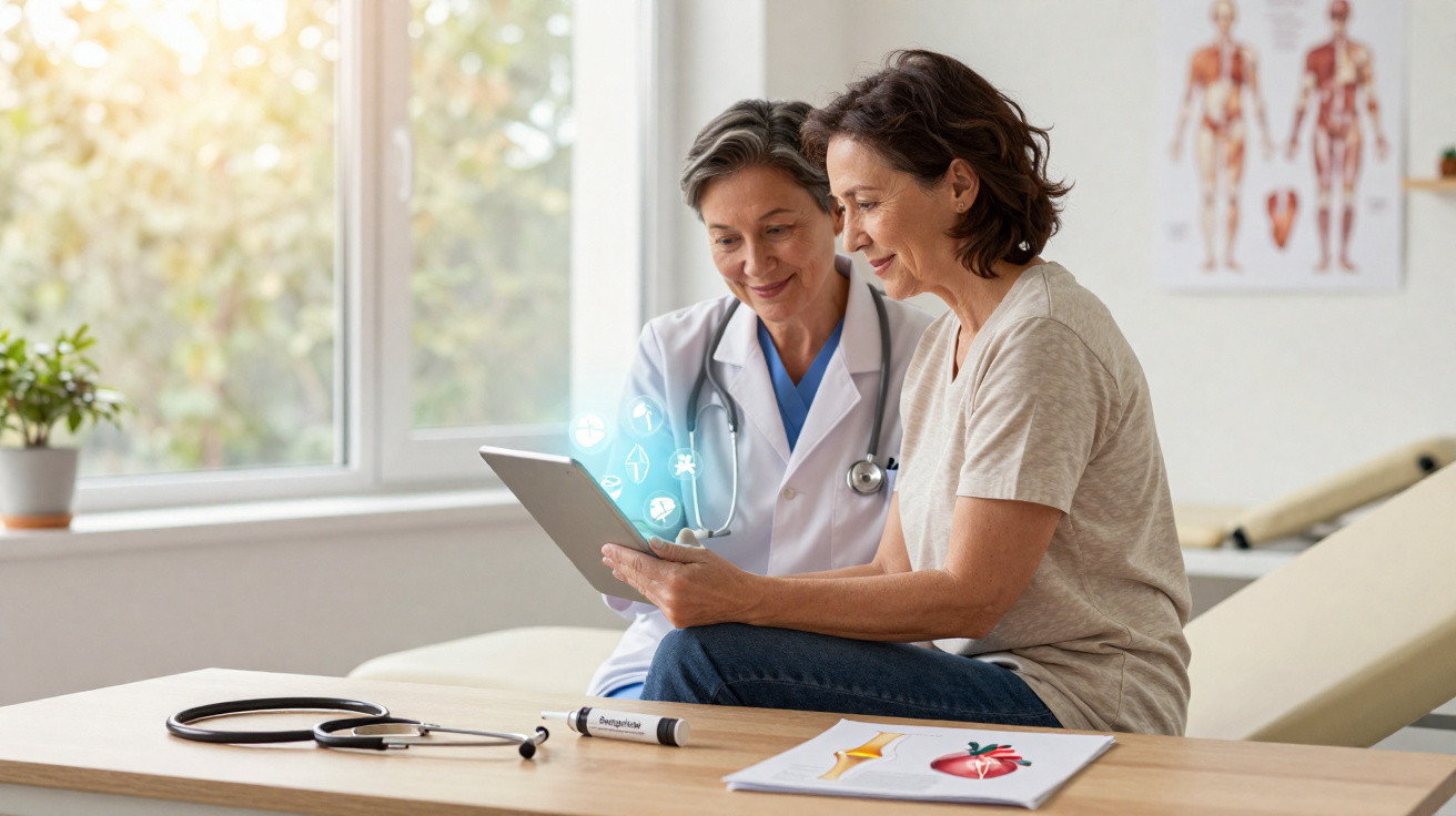 Médica e paciente conversando e olhando tablet em consultório com materiais médicos sobre a mesa.