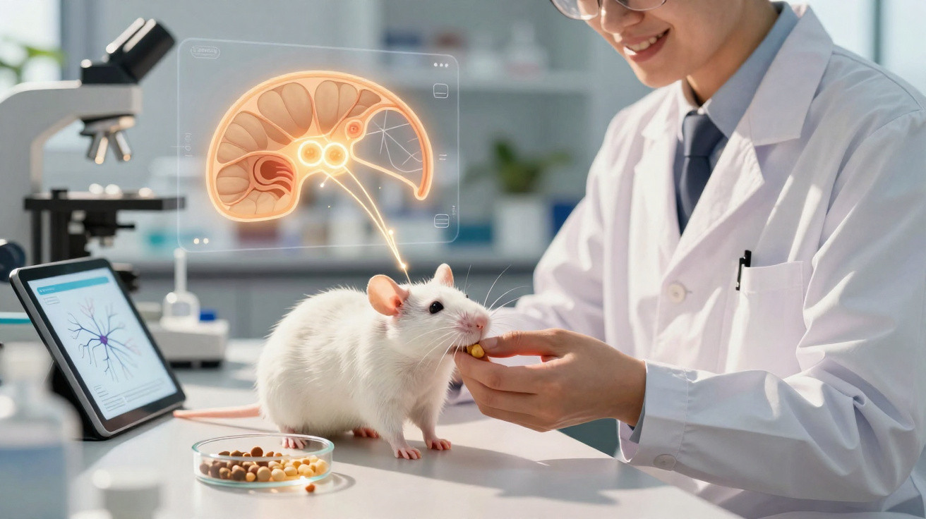 Cientista alimenta rato branco em laboratório com ilustração digital de cérebro e sistema nervoso.