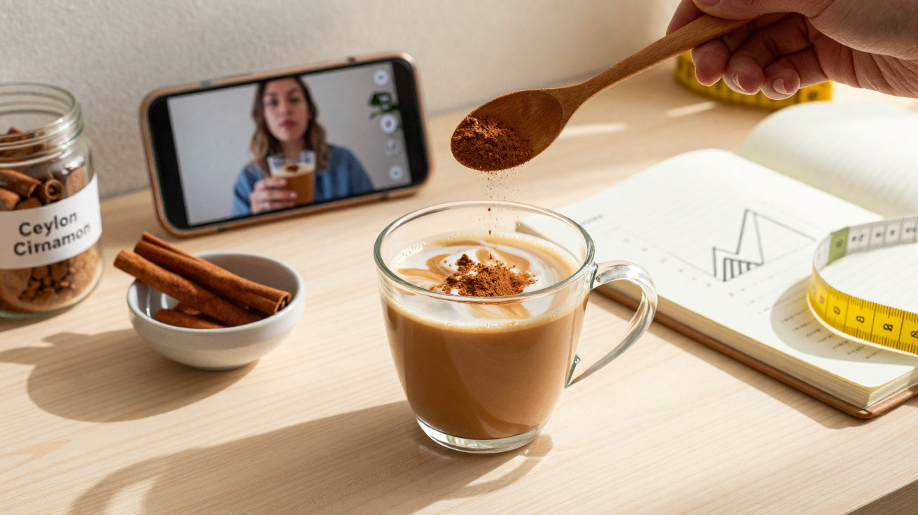Pessoa polvilhando canela em pó em café com leite, celular com mulher e caderno com gráficos ao fundo.