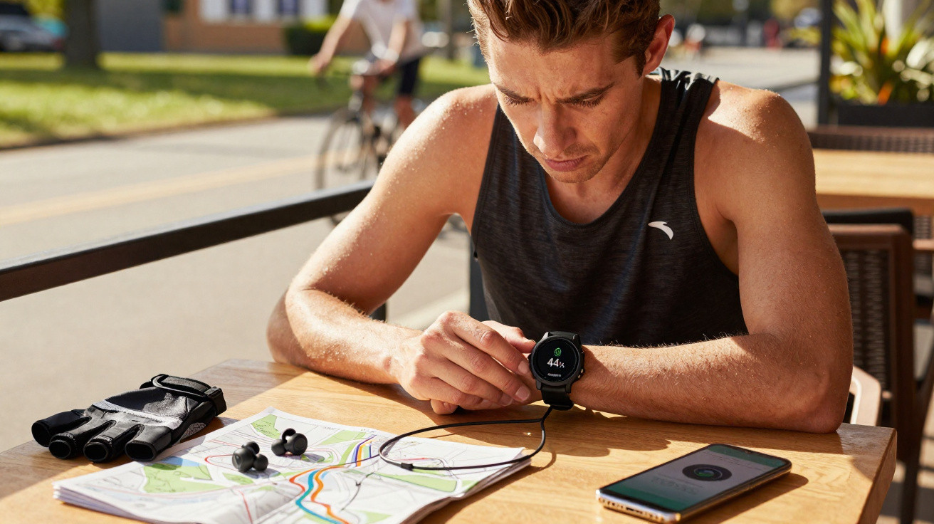 Homem sentado olhando para relógio esportivo, com mapa, fones e luvas de ciclismo em mesa ao ar livre.