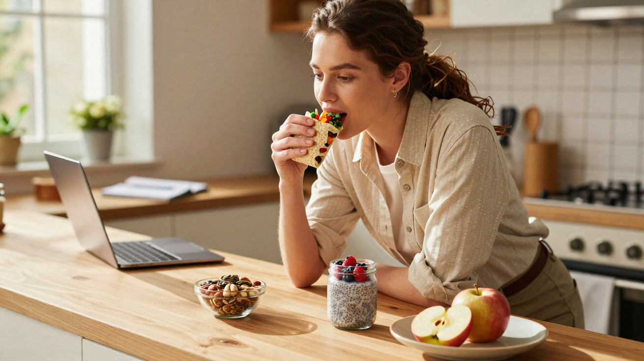 Mulher comendo wrap saudável na cozinha enquanto usa laptop em bancada de madeira.