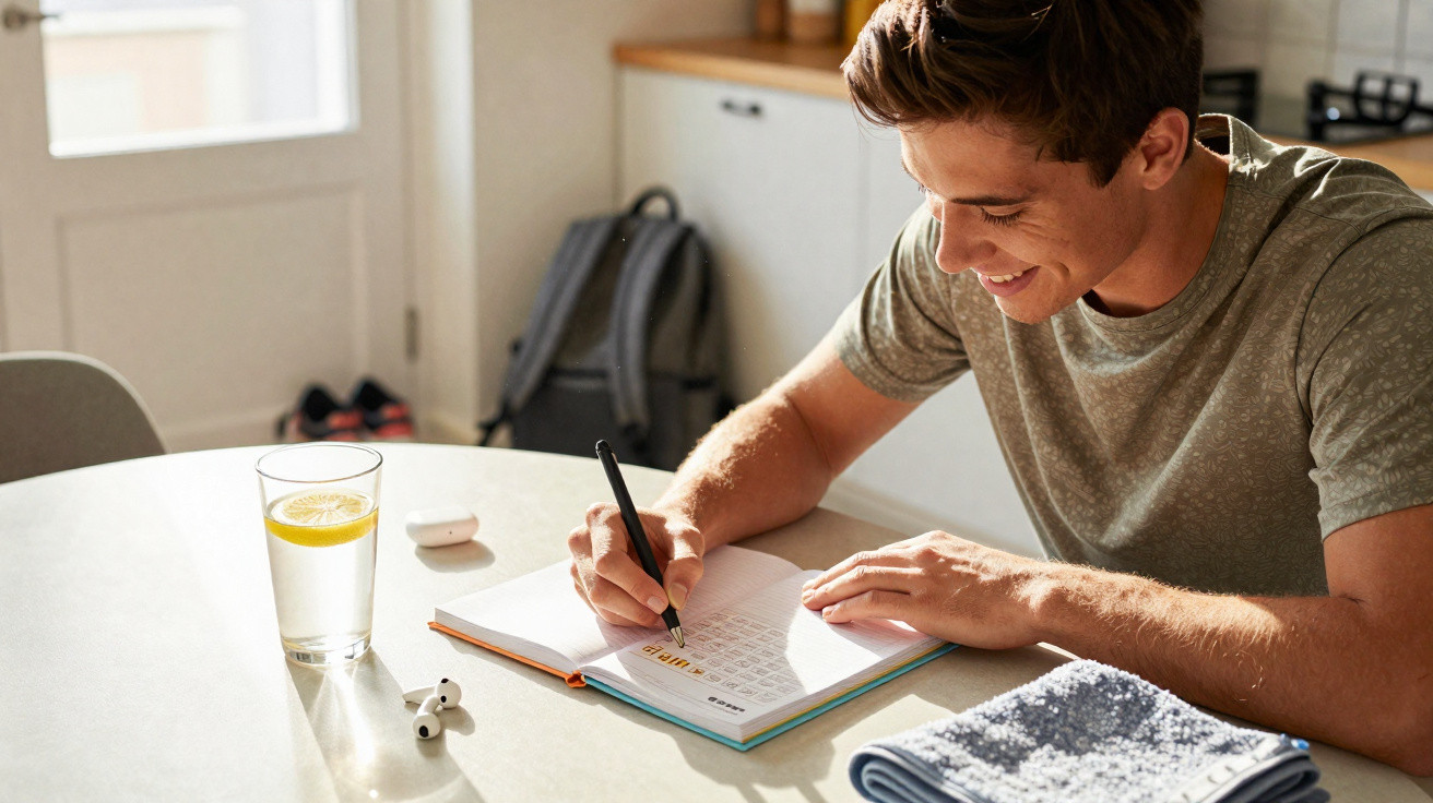 Homem sorridente escrevendo em caderno na mesa com copo de água e fones de ouvido ao lado.