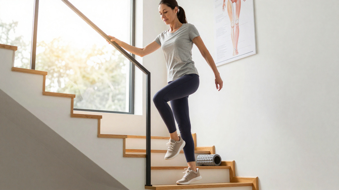 Mulher em roupas esportivas descendo escada segurando corrimão em ambiente iluminado.