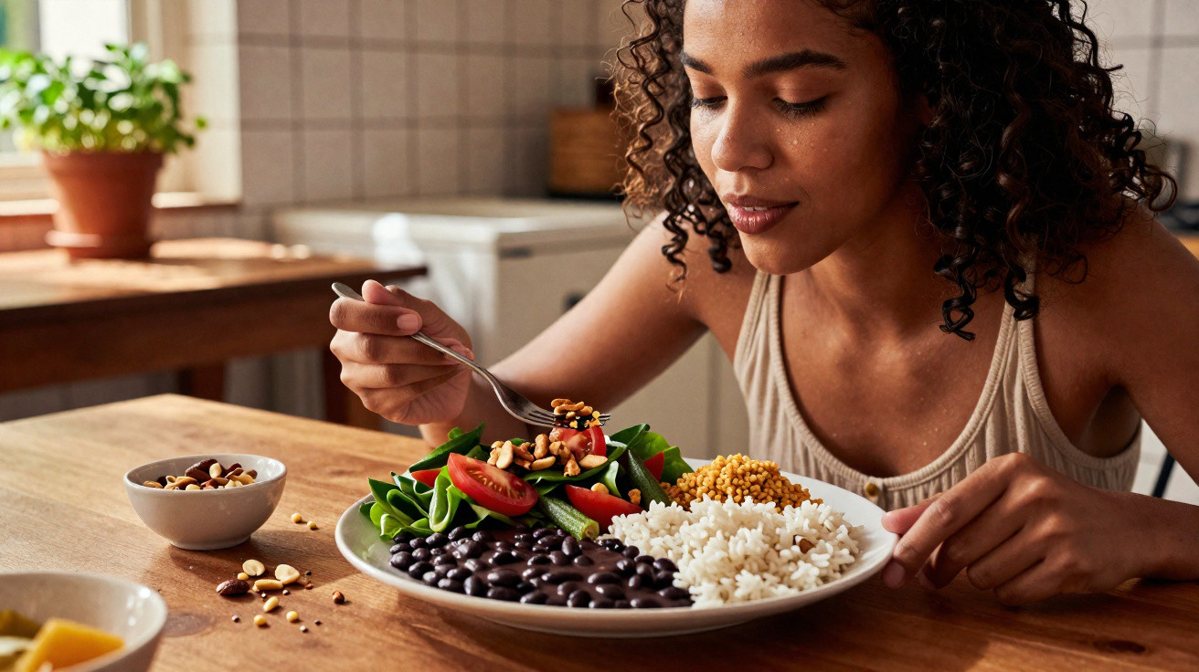 Mulher negra com cabelo cacheado comendo arroz, feijão, salada e sementes em prato branco.