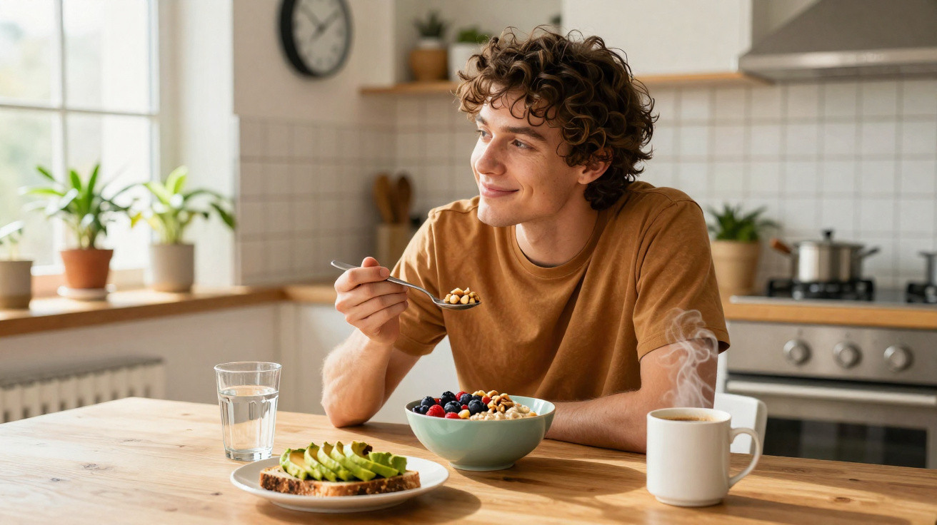 Jovem sorridente tomando café da manhã com frutas, torrada com abacate e bebida quente em cozinha iluminada.