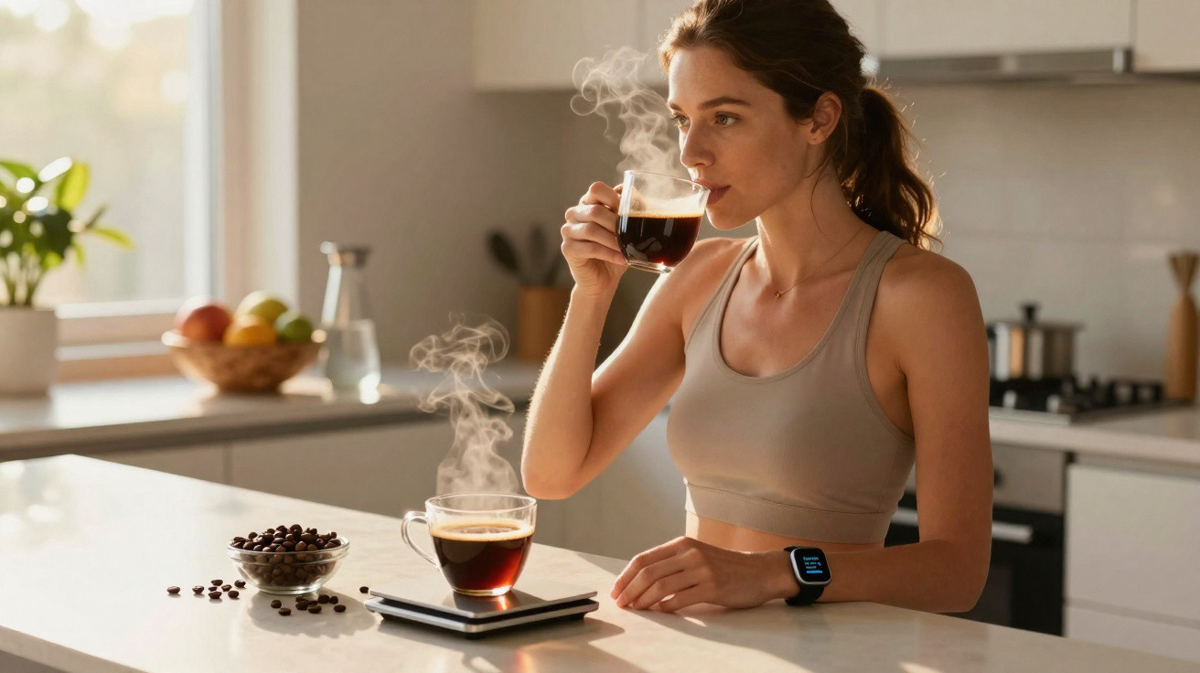 Mulher tomando café quente na cozinha, com xícara fumegante e grãos de café sobre a bancada.