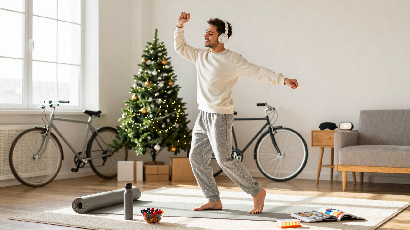 Homem com fones dançando em sala decorada com árvore de Natal, bicicletas, sofá e tapete.