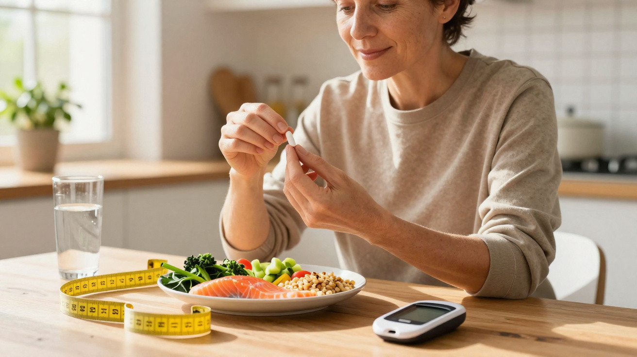 Mulher sentada à mesa, segurando um comprimido, com prato de comida saudável, fita métrica e medidor glicêmico.