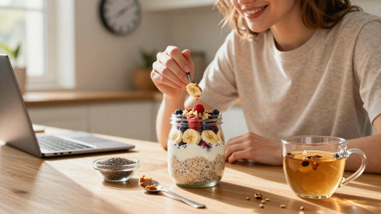 Mulher sorridente comendo iogurte com frutas e granola em pote, ao lado de chá e notebook.