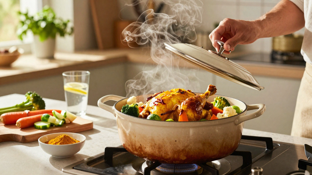 Panela com frango assado e legumes frescos soltando vapor em fogão, com mão tirando tampa.