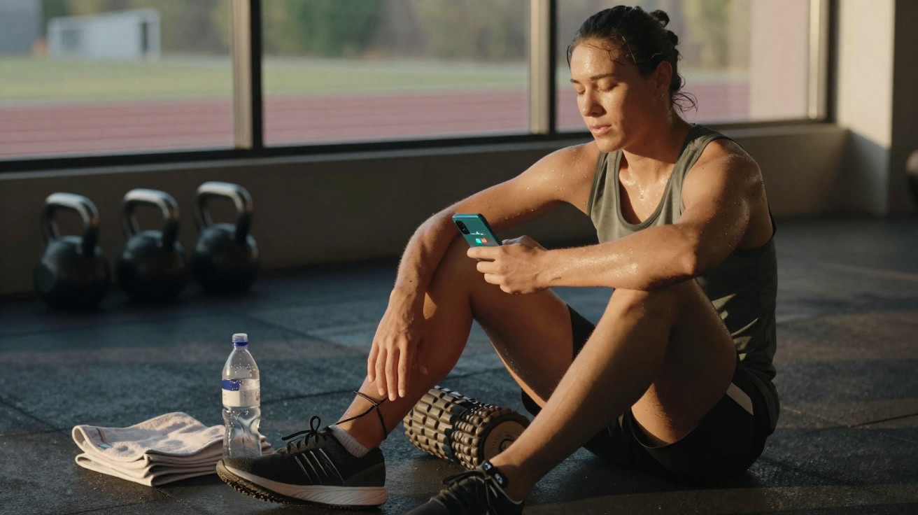 Mulher suada descansando no chão da academia, segurando celular com garrafa d'água e toalha ao lado.