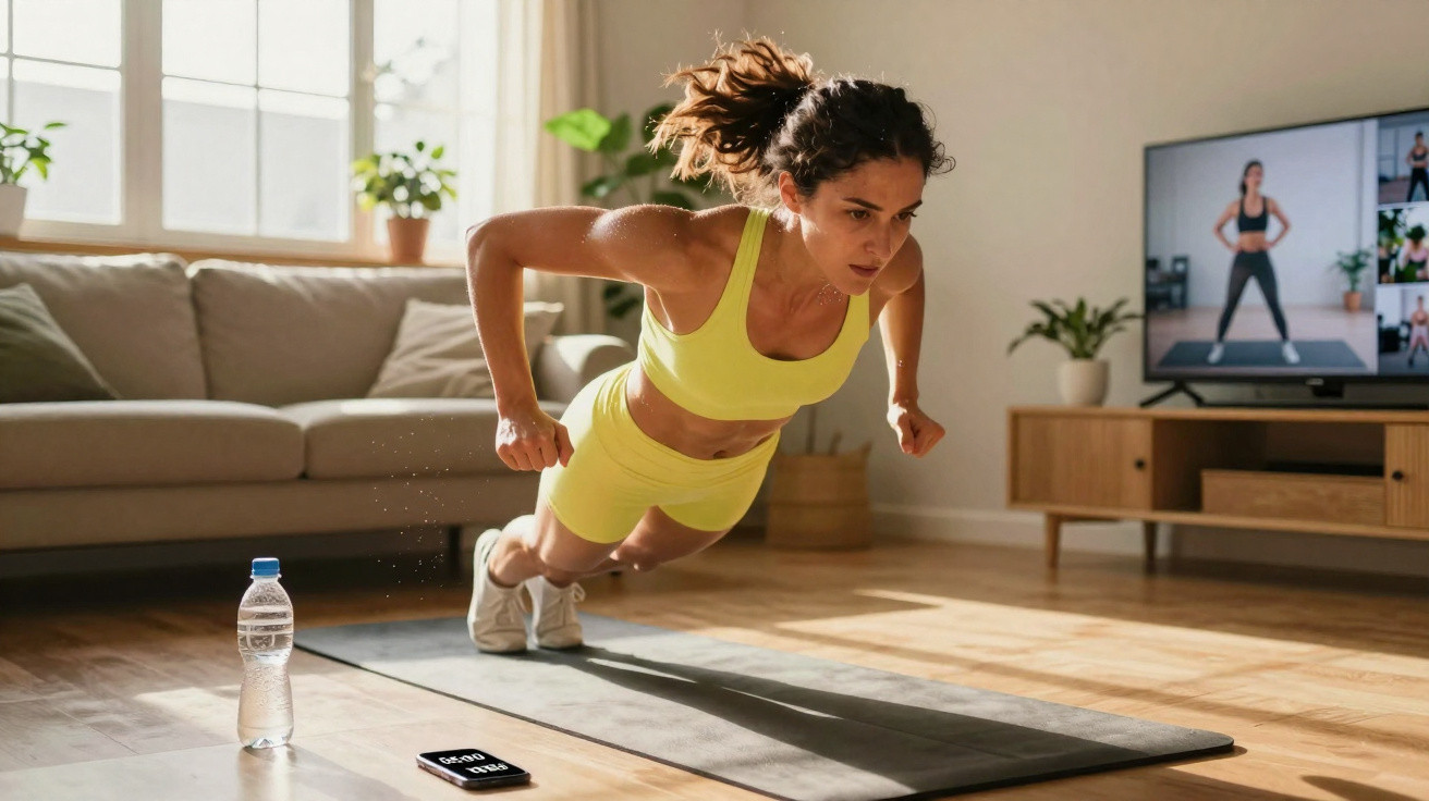 Mulher fazendo exercícios de flexão no tapete em casa, seguindo treino online na televisão.