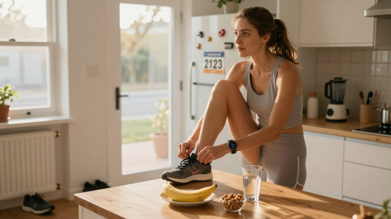 Mulher vestindo roupas esportivas amarra tênis cinza em cozinha iluminada, ao lado de frutas e copo d'água.