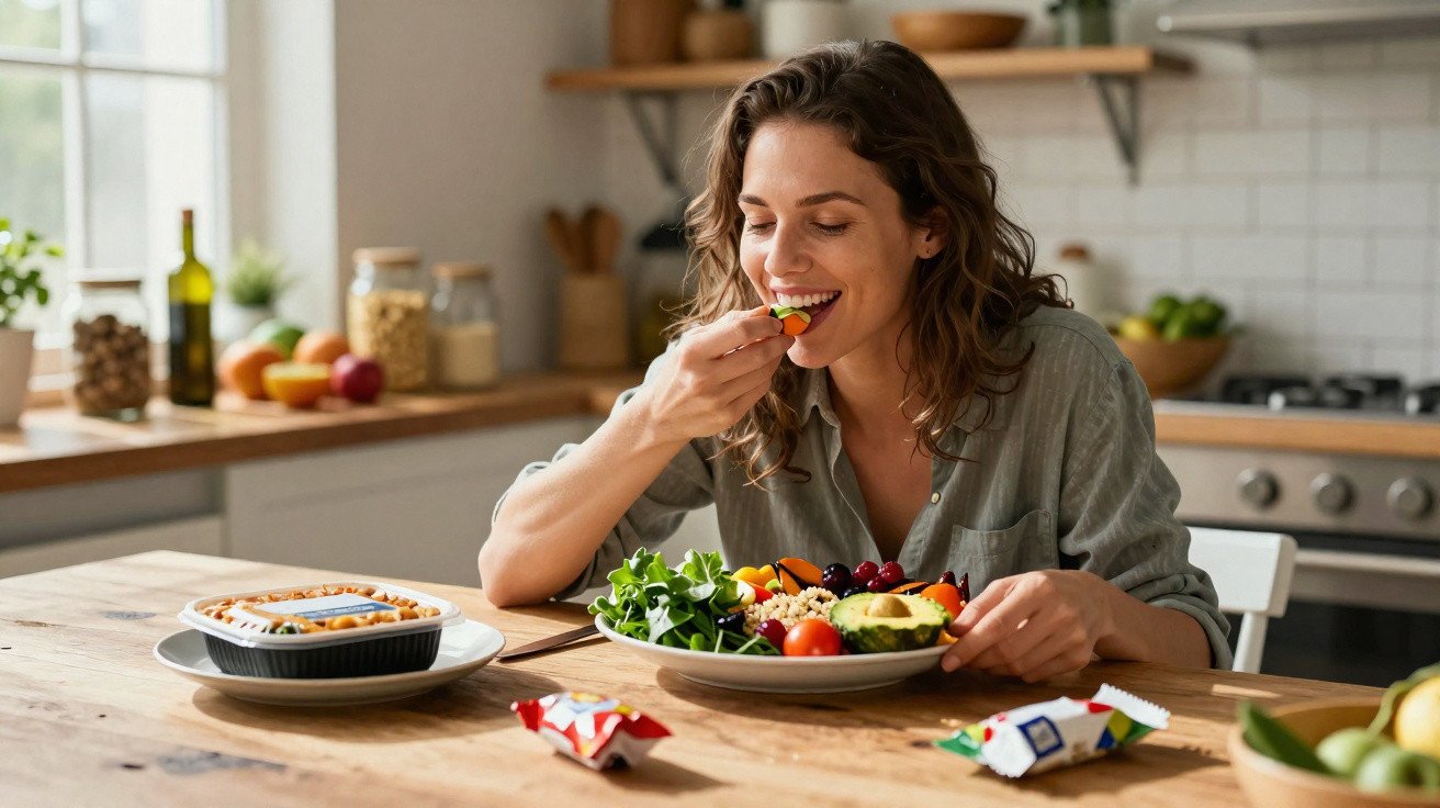 Mulher sorrindo enquanto come salada colorida em cozinha iluminada pela manhã.