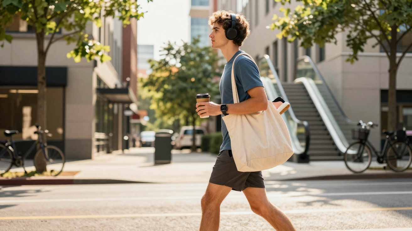 Jovem caminhando na cidade com fones de ouvido, mochila de tecido e café na mão em dia ensolarado.