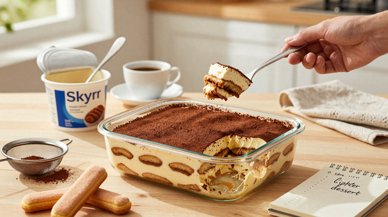 Pessoa pegando colherada de tiramisu em refratário com café, biscoitos e creme Skyr ao fundo.