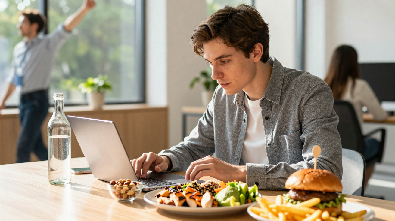 Jovem trabalhando em laptop com almoço saudável e hambúrguer com batatas fritas à frente em escritório.