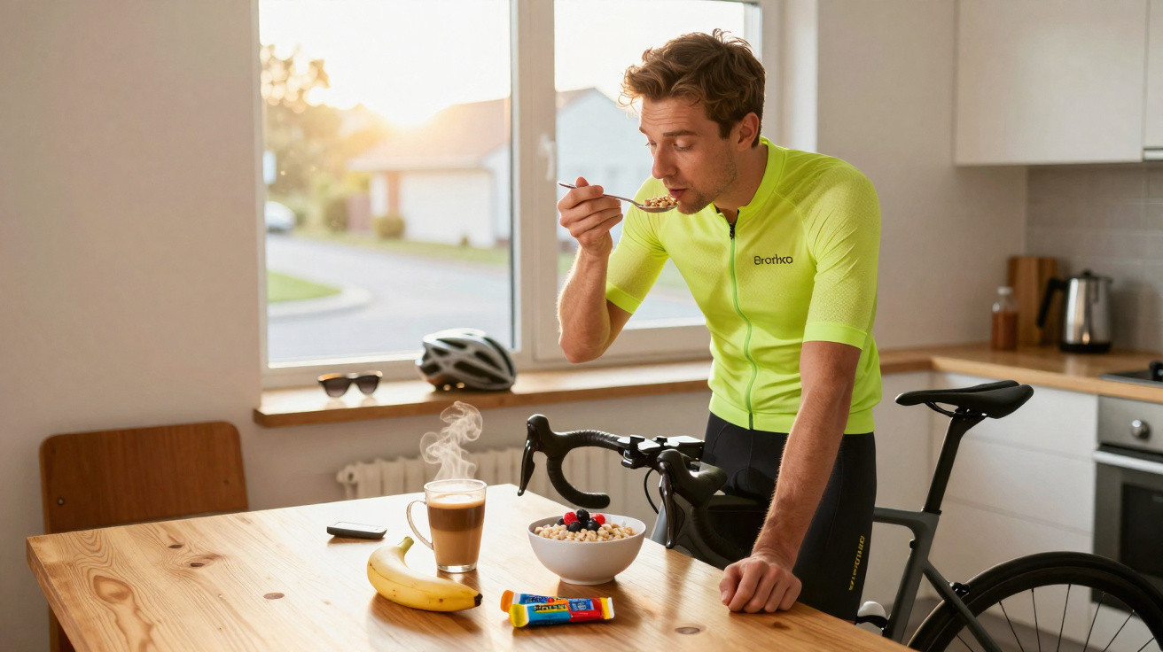 Homem vestindo roupa de ciclismo amarelo claro comendo cereal em casa ao lado de bicicleta preta.