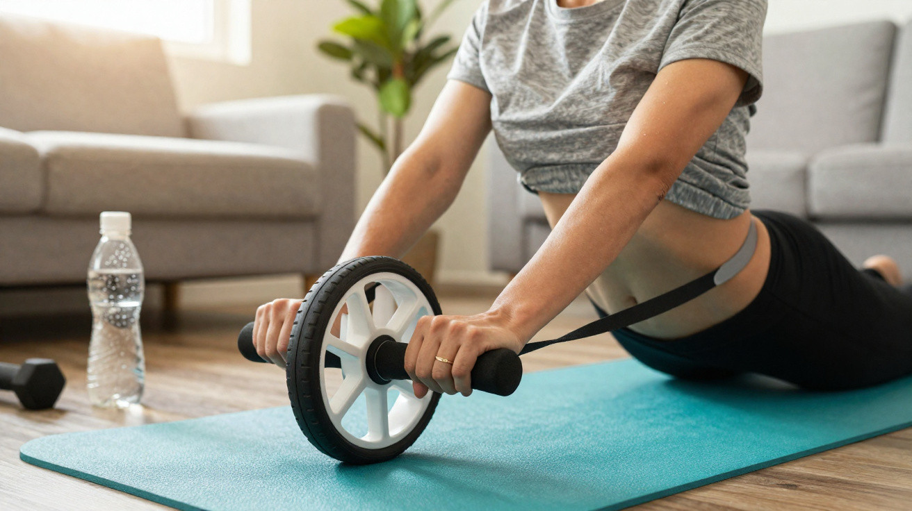 Pessoa usando roda de exercício para abdominal em tapete azul na sala de estar.