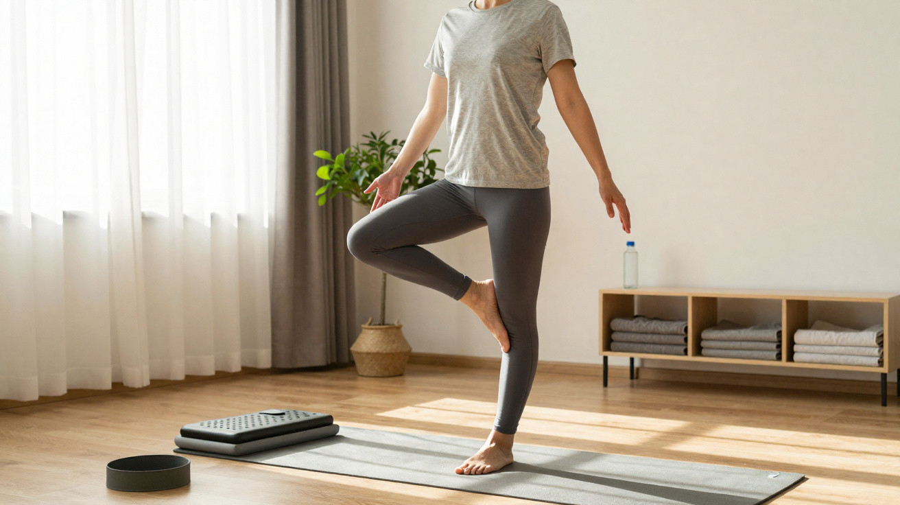 Pessoa praticando yoga em posição de equilíbrio em tapete dentro de sala iluminada com planta e armário ao fundo.