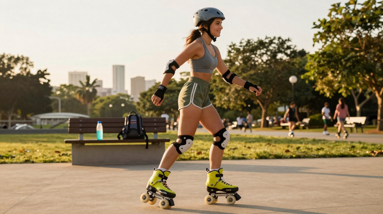 Mulher jovem patinando com capacete e equipamentos de proteção em parque ao entardecer.