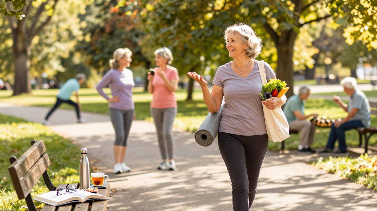 Mulher madura caminhando no parque com tapete de yoga e sacola de vegetais, pessoas conversando ao fundo.