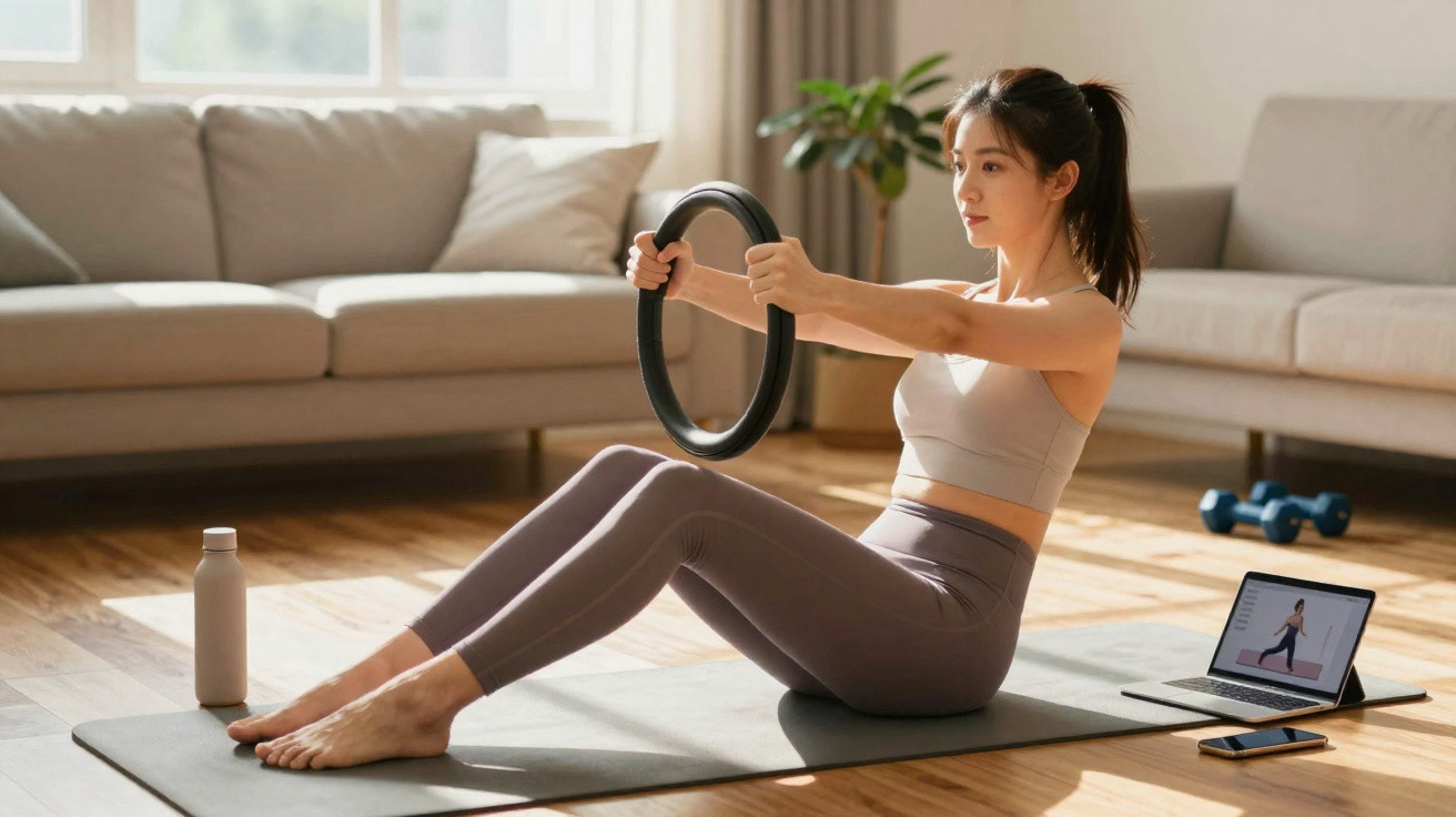 Mulher fazendo exercícios com aro de pilates em tapete, assistindo aula online em laptop na sala.