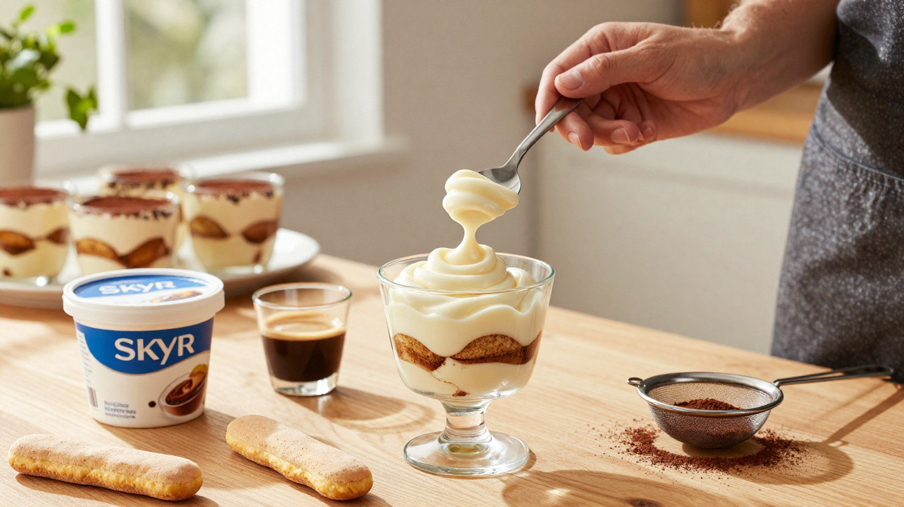 Pessoa preparando sobremesa de tiramisu com iogurte Skyr, biscoitos champagne e café em copo transparente.