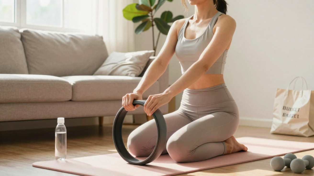 Mulher fazendo exercício de yoga com aro em tapete, sala iluminada com sofá e garrafa de água.